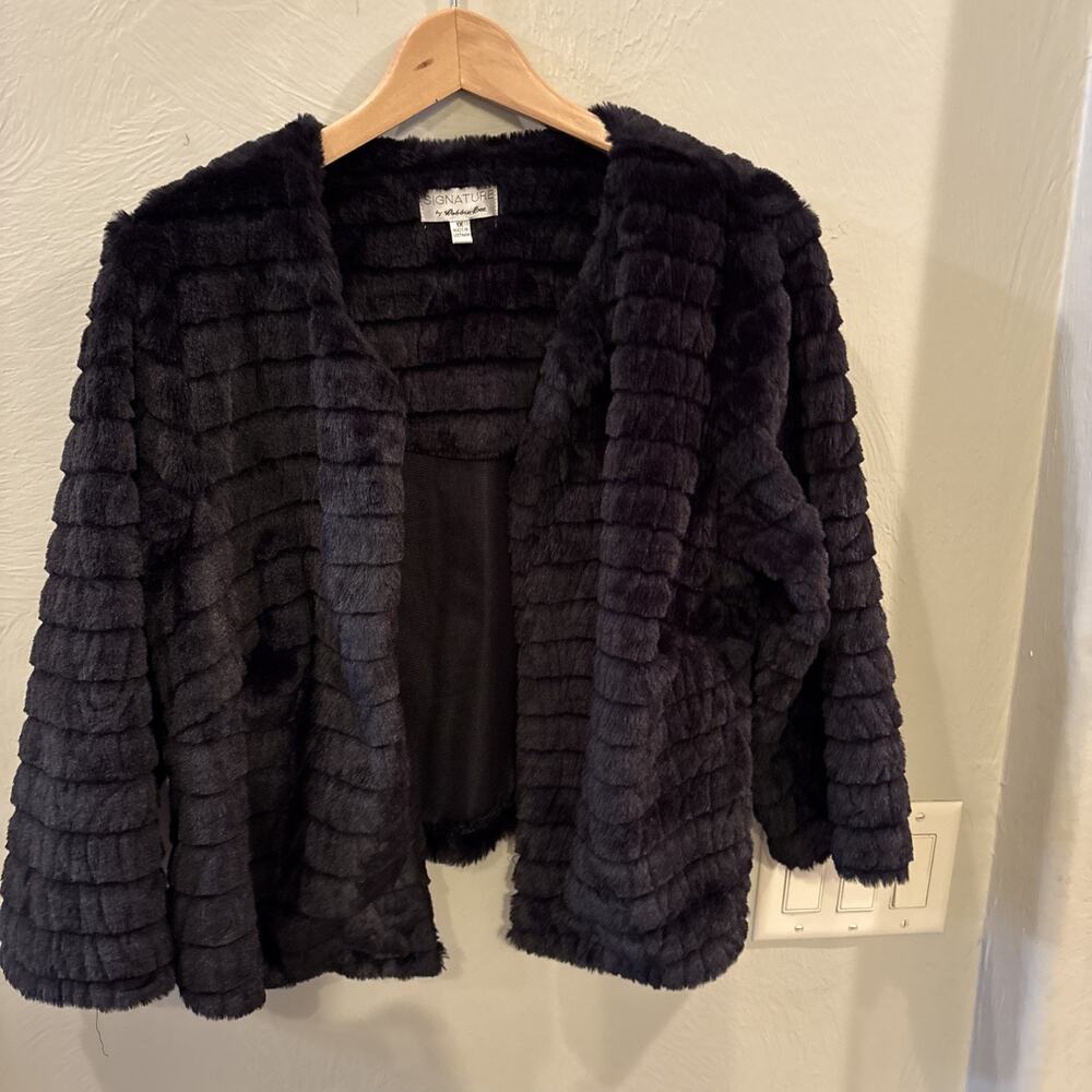 Signature by Robbie Bee Jacket Women's 1X Black Faux Fur Open Front Cropped Boho
